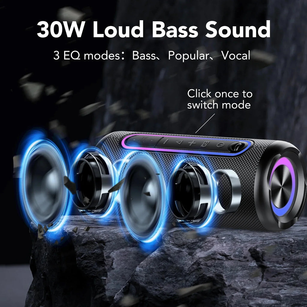 Black portable Bluetooth speaker with vibrant LED lights, 30W bass sound, and visible internal speaker drivers.