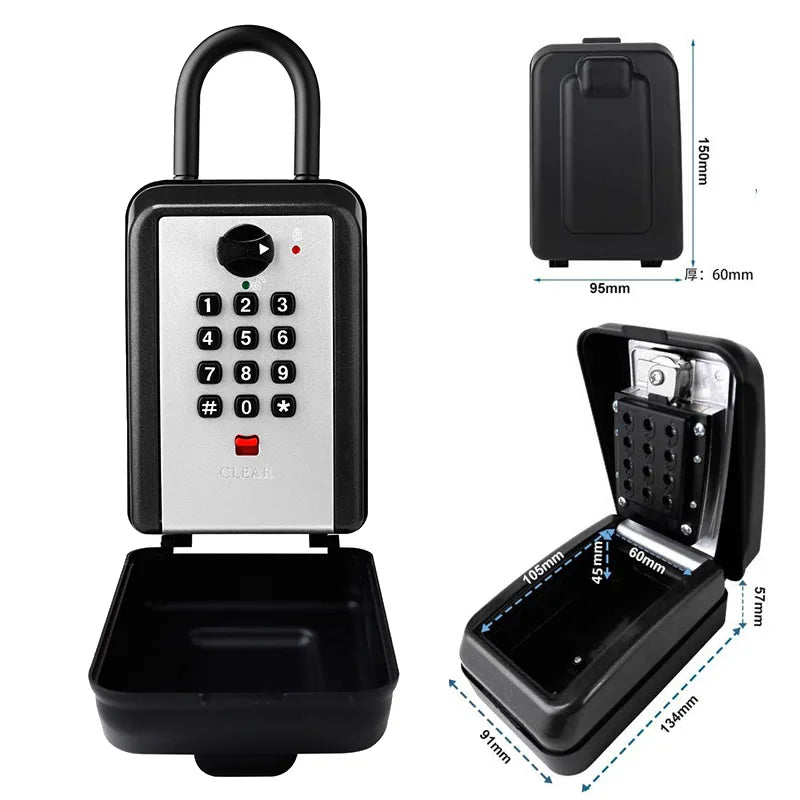 Black metal padlock-style key lock box with a numeric keypad, manual knob, and internal storage compartment.