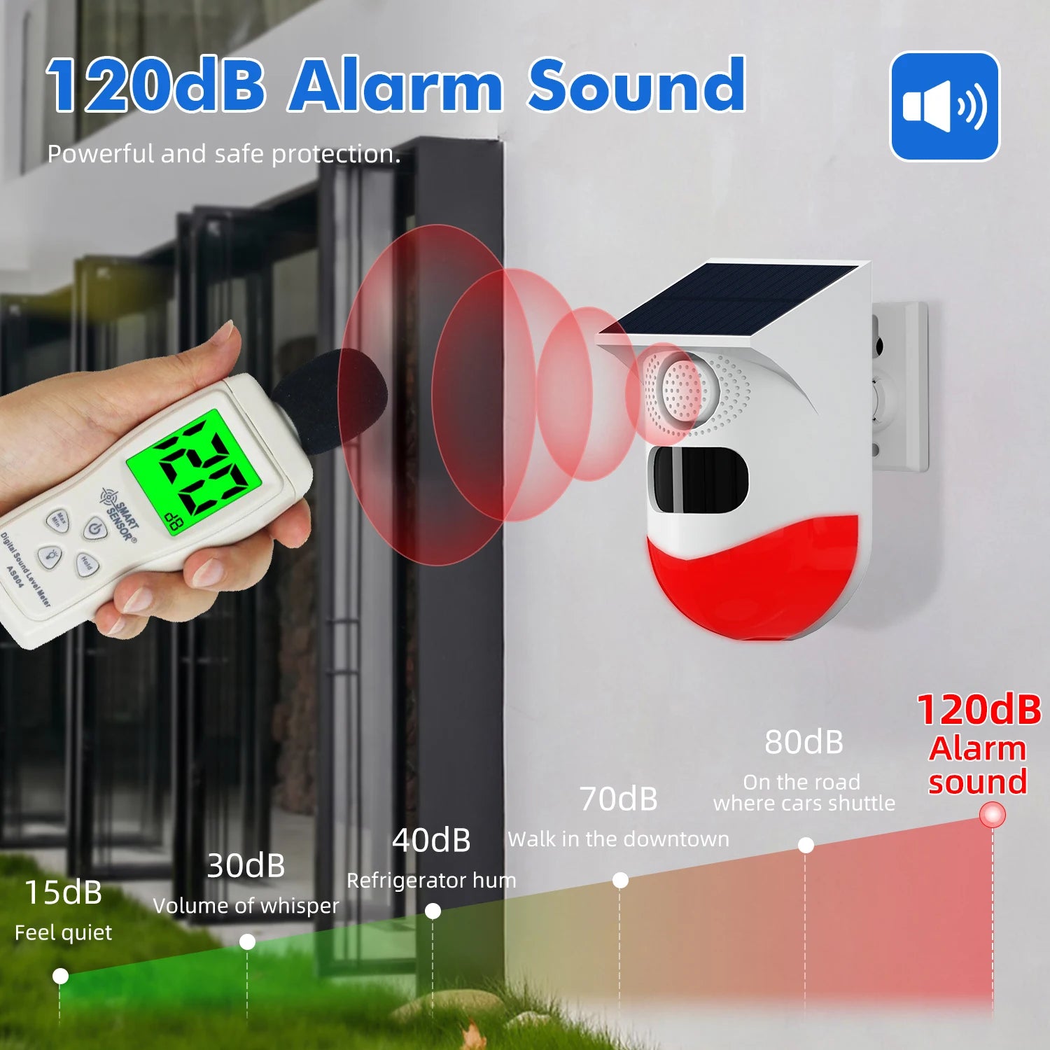 White, solar-powered wireless outdoor security alarm with red motion light, tested to 120dB by a handheld meter.