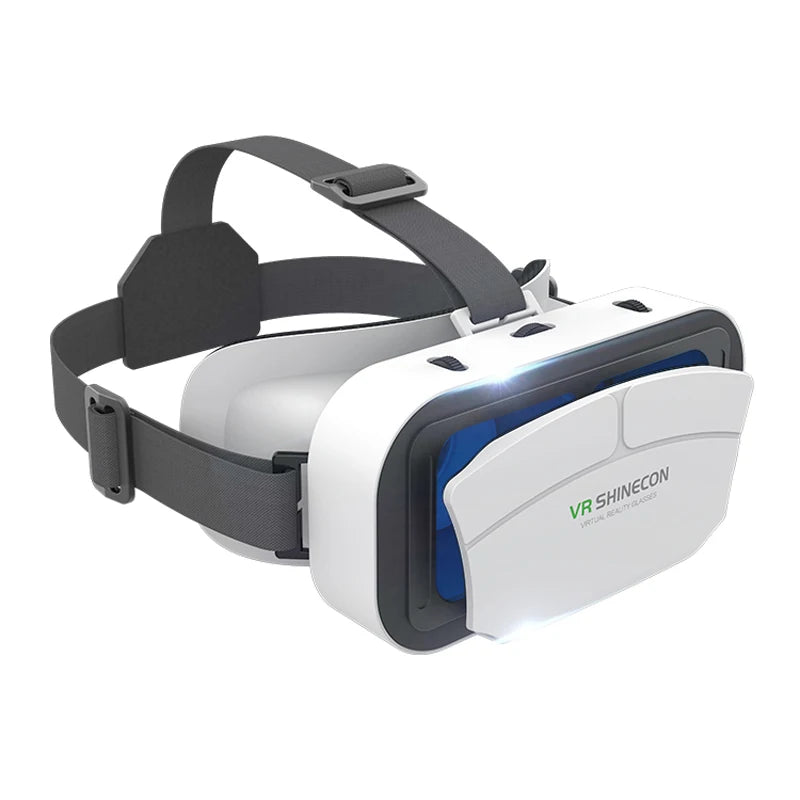White and grey smartphone VR headset with an adjustable head strap and focus adjustment dials.