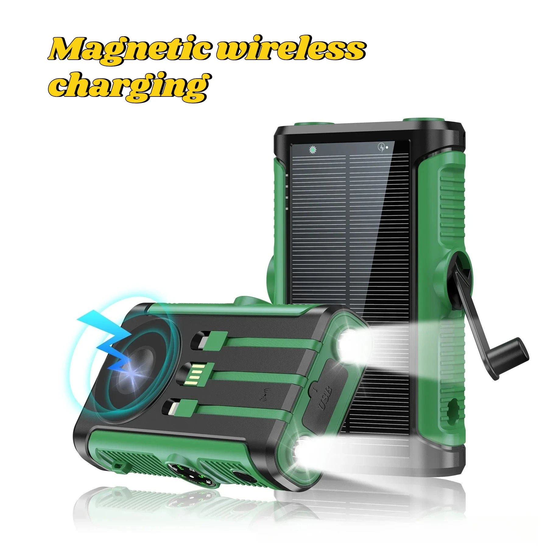 Rugged green and black 20,000mAh solar power bank featuring magnetic wireless charging, hand crank, and dual LED torches.