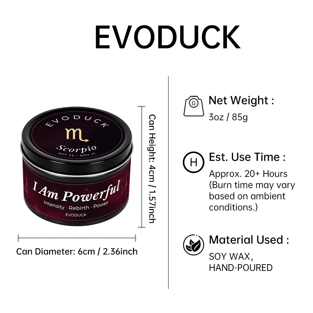 Black Scorpio zodiac candle in a tin, featuring "I Am Powerful" text, 85g soy wax, 20+ hour burn time.