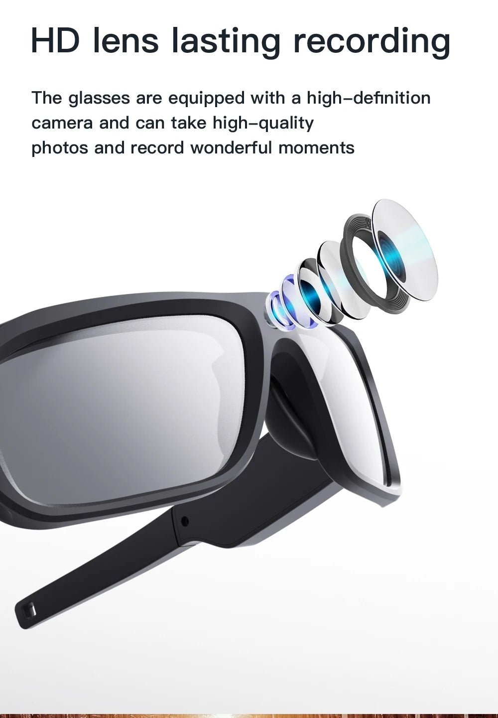 Black plastic glasses with a built-in HD camera lens shown as a multi-layered exploded view.