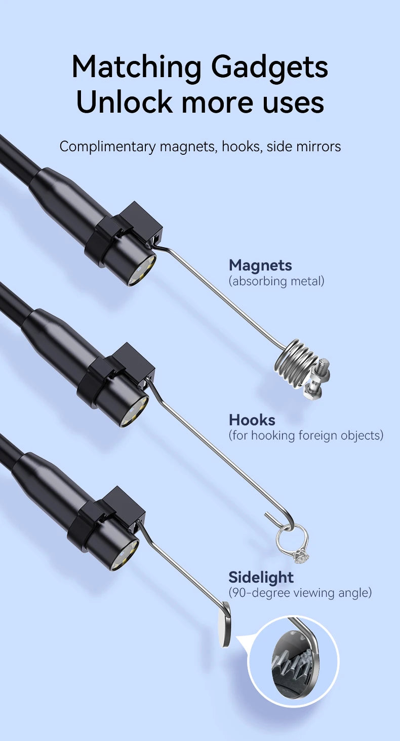 Black inspection camera tips featuring interchangeable magnet, hook, and side mirror attachments on a pale blue background.