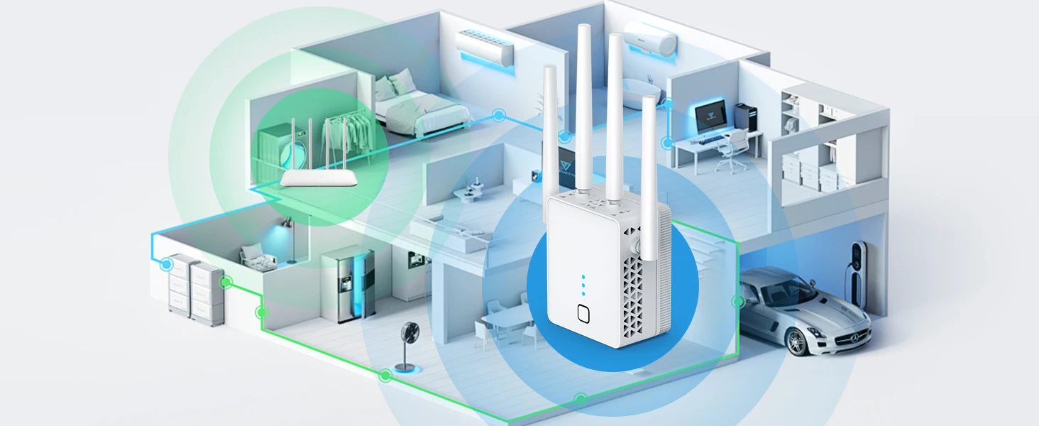 White 4-antenna WiFi signal extender showing signal coverage throughout a modern 3D floor plan home layout.