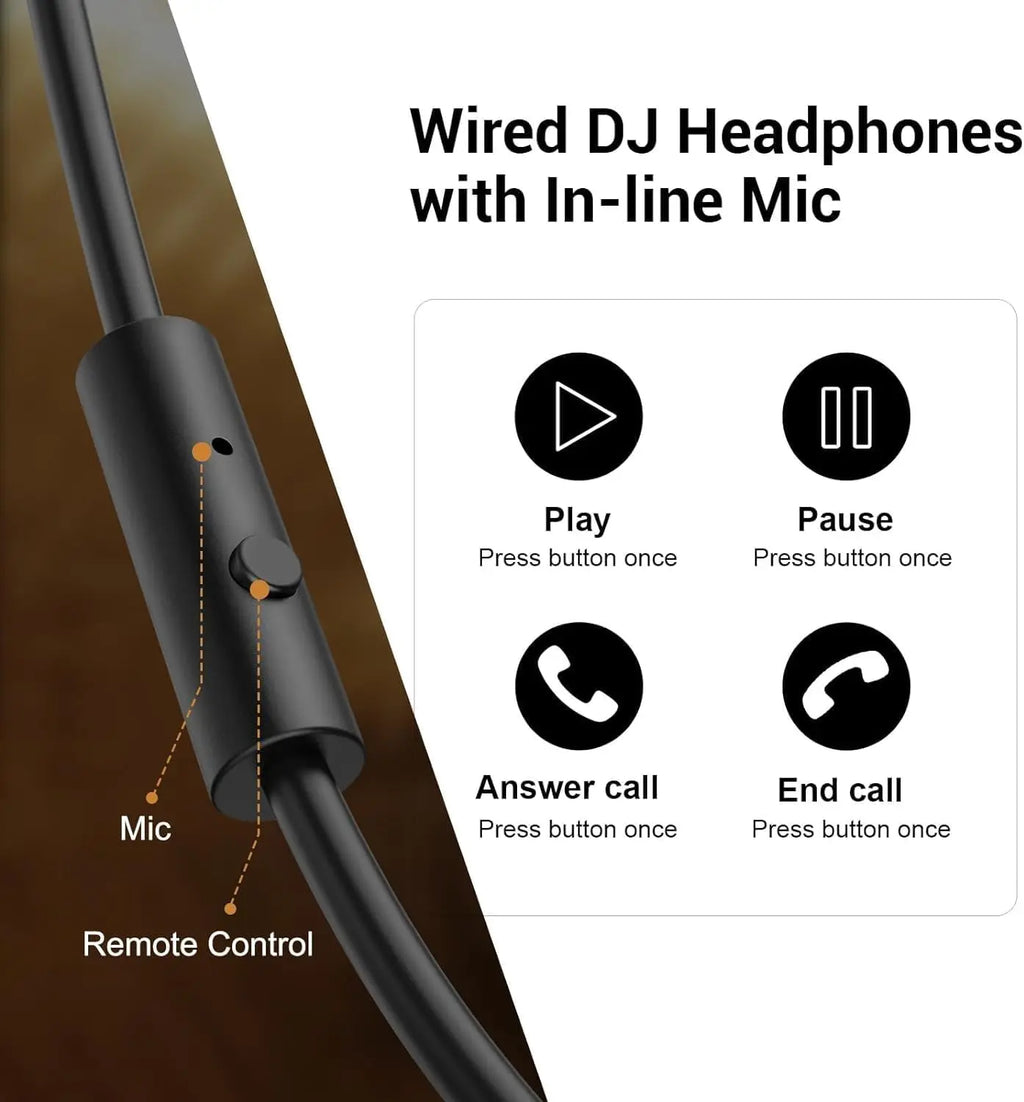 Black wired DJ headphones featuring an in-line microphone and remote control for calls and playback.