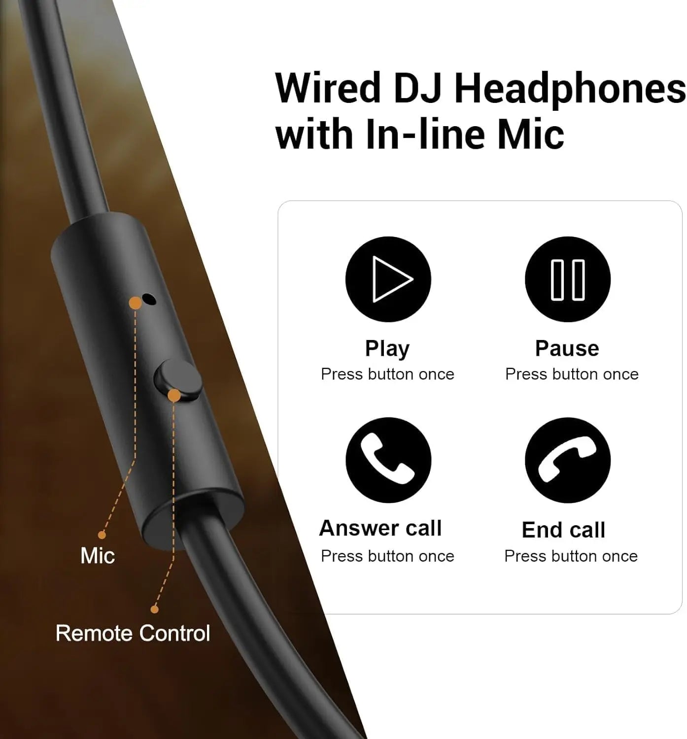 Black wired DJ headphones featuring an in-line microphone and remote control for calls and playback.
