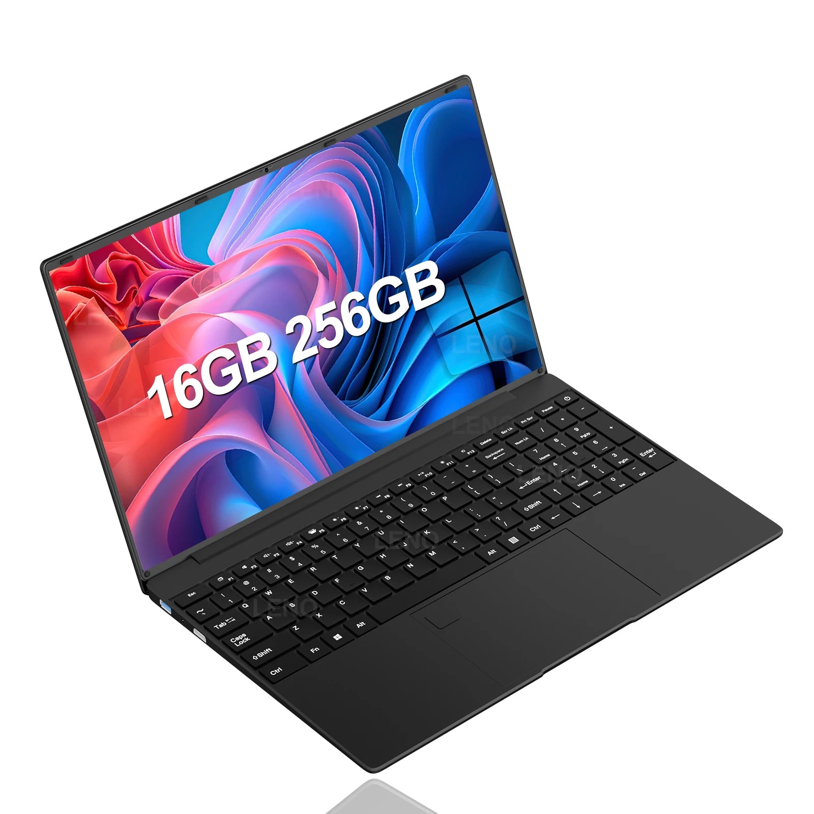 Sleek black 15.6-inch laptop with a slim-bezel screen displaying a colourful abstract wallpaper.