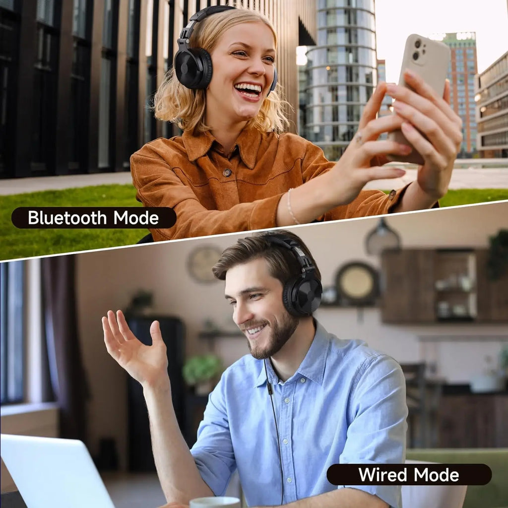 Black wireless over-ear headphones worn in Bluetooth mode outdoors and wired mode for laptop video calls.