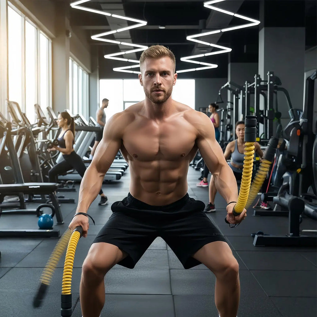 A muscular man in a gym using two flexible, yellow weighted resistance training ropes for a dynamic workout.