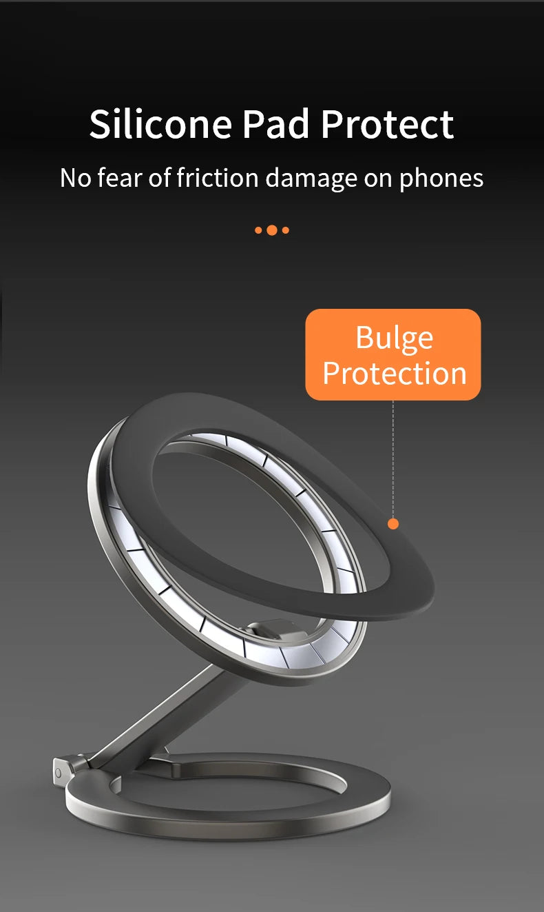 Silver metallic phone stand with a circular magnetic head featuring a protective black silicone ring.
