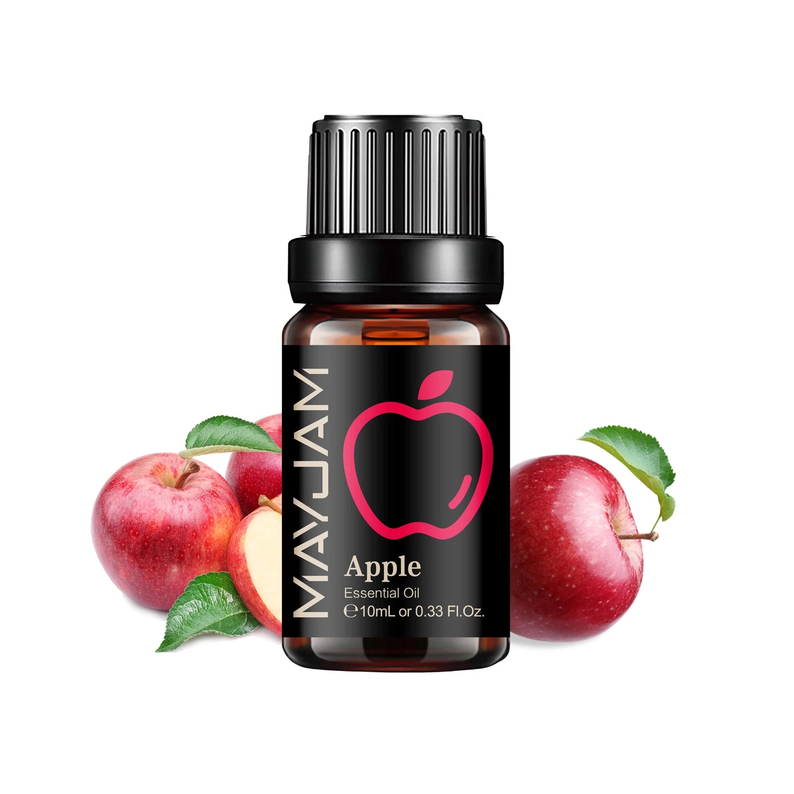 10ml amber glass bottle of Apple essential oil with a black dropper cap, surrounded by fresh red apples and leaves.