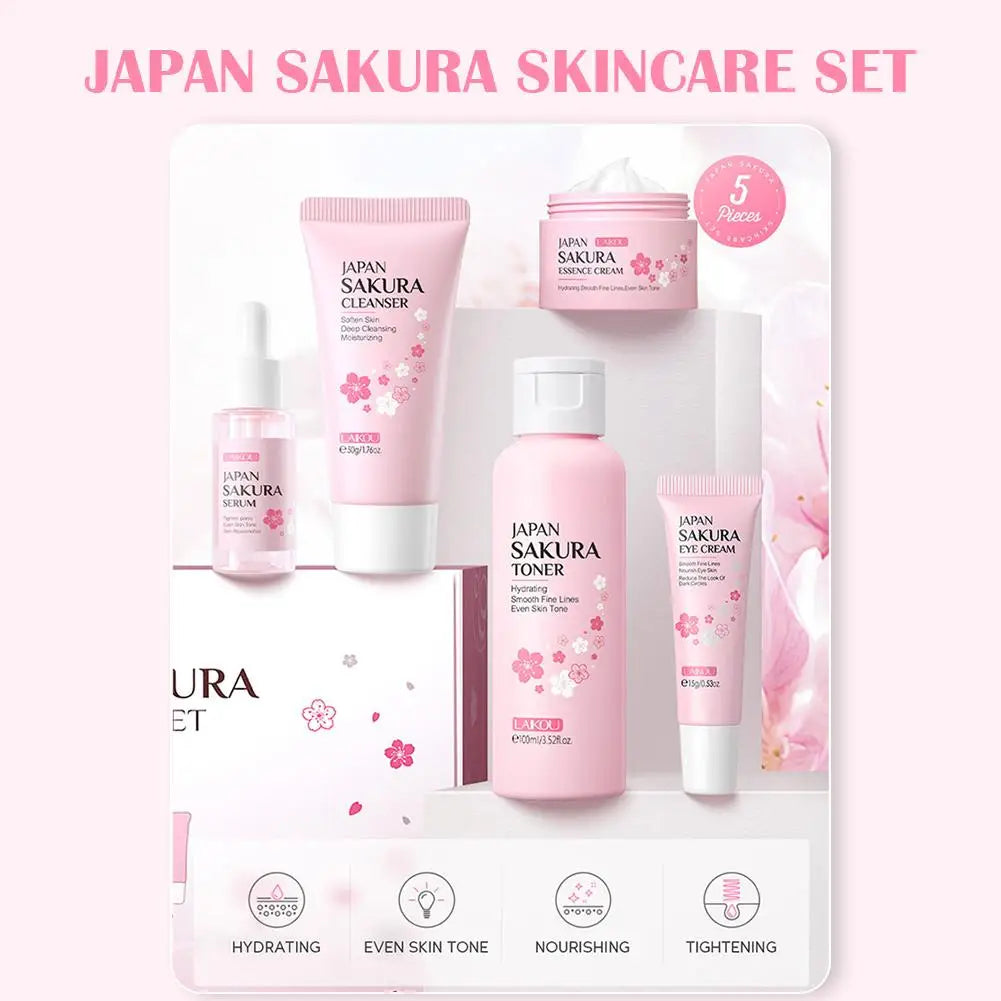 Five-piece pink sakura skincare set, including cleanser, toner, serum, eye cream, and essence cream for hydration.