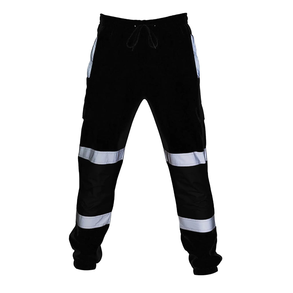 Black high-visibility work trousers with reflective strips on the legs, an elasticated waistband, and drawstring tie.