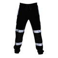 Black high-visibility work trousers with reflective strips on the legs, an elasticated waistband, and drawstring tie.