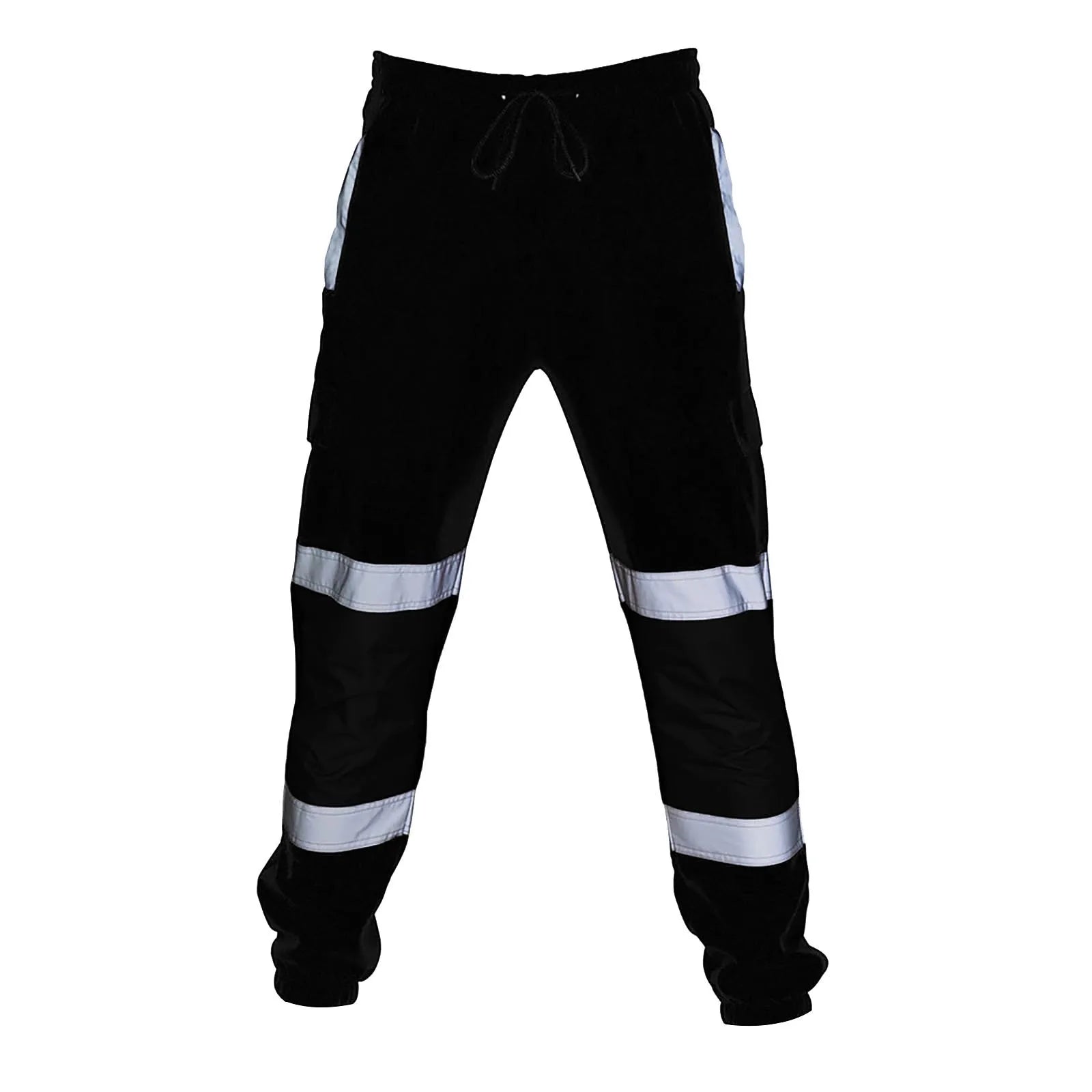 Black high-visibility work trousers with reflective strips on the legs, an elasticated waistband, and drawstring tie.