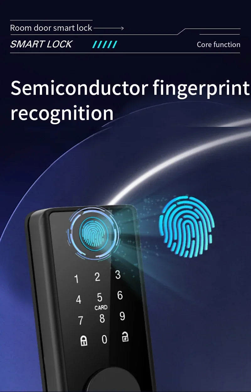 Black smart door lock with a digital keypad and a semiconductor fingerprint scanner for keyless entry.