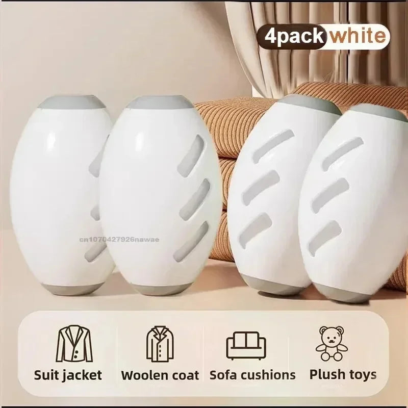 Four white, oval-shaped laundry balls with grey caps, designed for cleaning clothes, sofas, and plush toys.