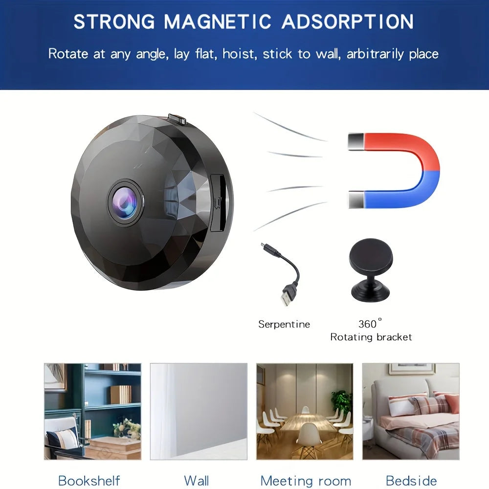 Black, faceted circular magnetic security camera with a charging cable, rotating bracket, and usage examples.