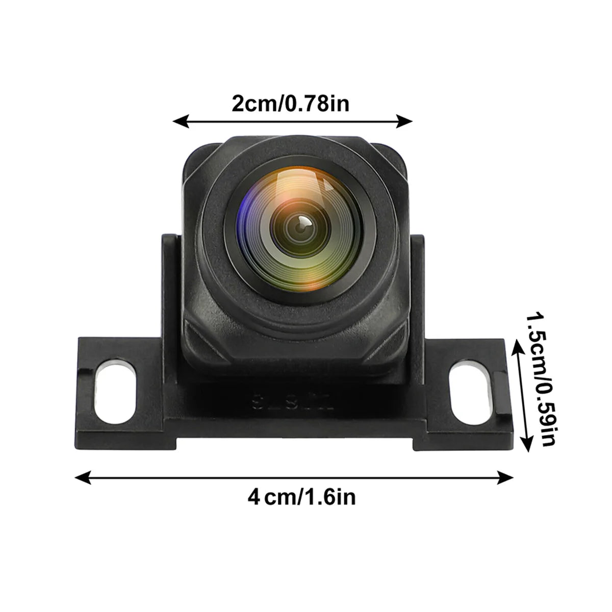 Black HD vehicle reversing camera with wide-angle lens, showing product dimensions of 4cm x 1.5cm.