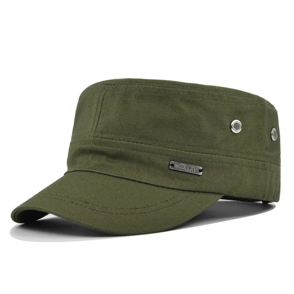 Olive green cotton military-style flat cap with a short peak and metal eyelet details.