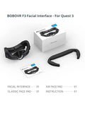 Black BOBOVR F3 facial interface kit for Quest 3 with ventilation, face pads, instruction, and packaging.