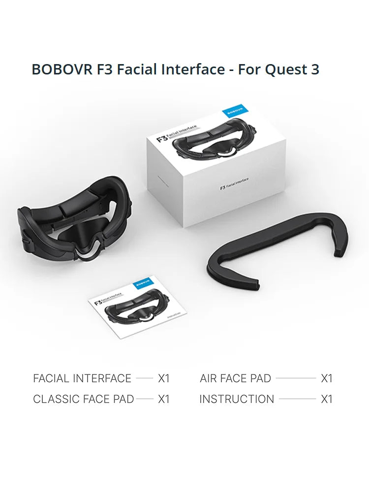Black BOBOVR F3 facial interface kit for Quest 3 with ventilation, face pads, instruction, and packaging.