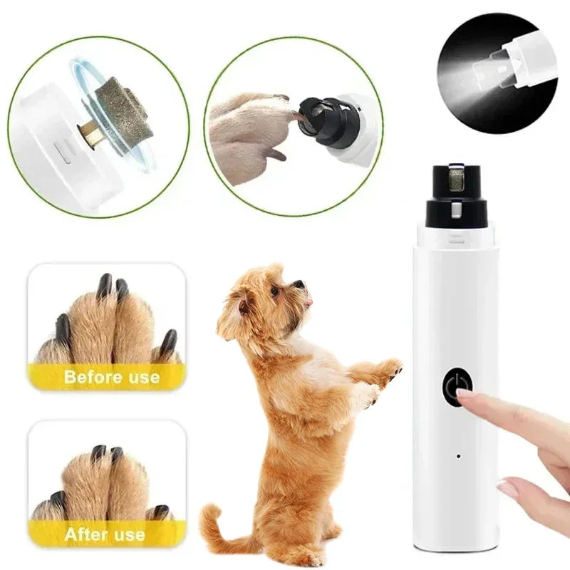 White electric pet nail grinder with LED light, featuring close-ups of trimming and before/after results on dog paws.