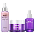 Skincare set with a purple cream mist, lifting cream jar, and ampoule dropper bottle for elasticity and hydration.