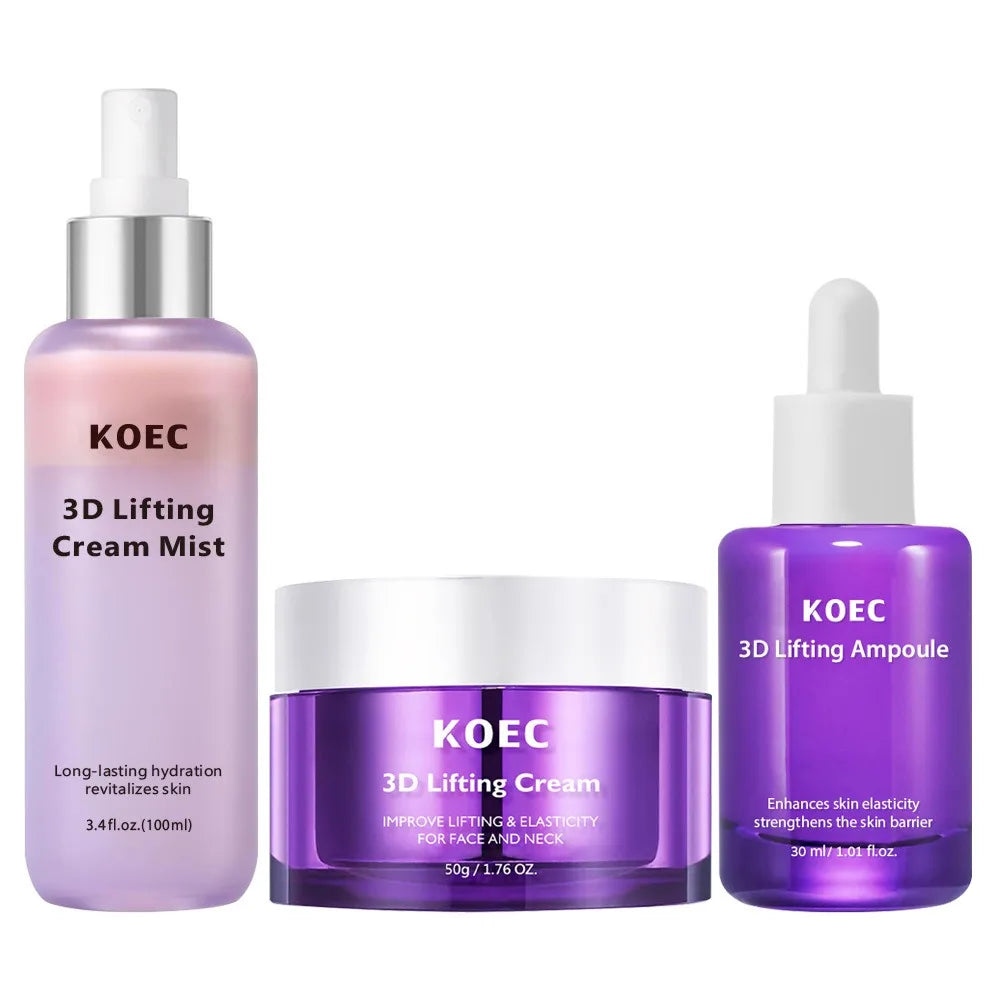 Skincare set with a purple cream mist, lifting cream jar, and ampoule dropper bottle for elasticity and hydration.