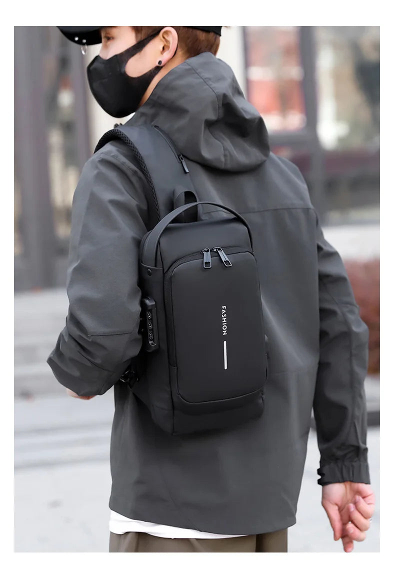 Black, sleek anti-theft chest bag with a combination lock, USB charging port, and a modern, minimalist design.