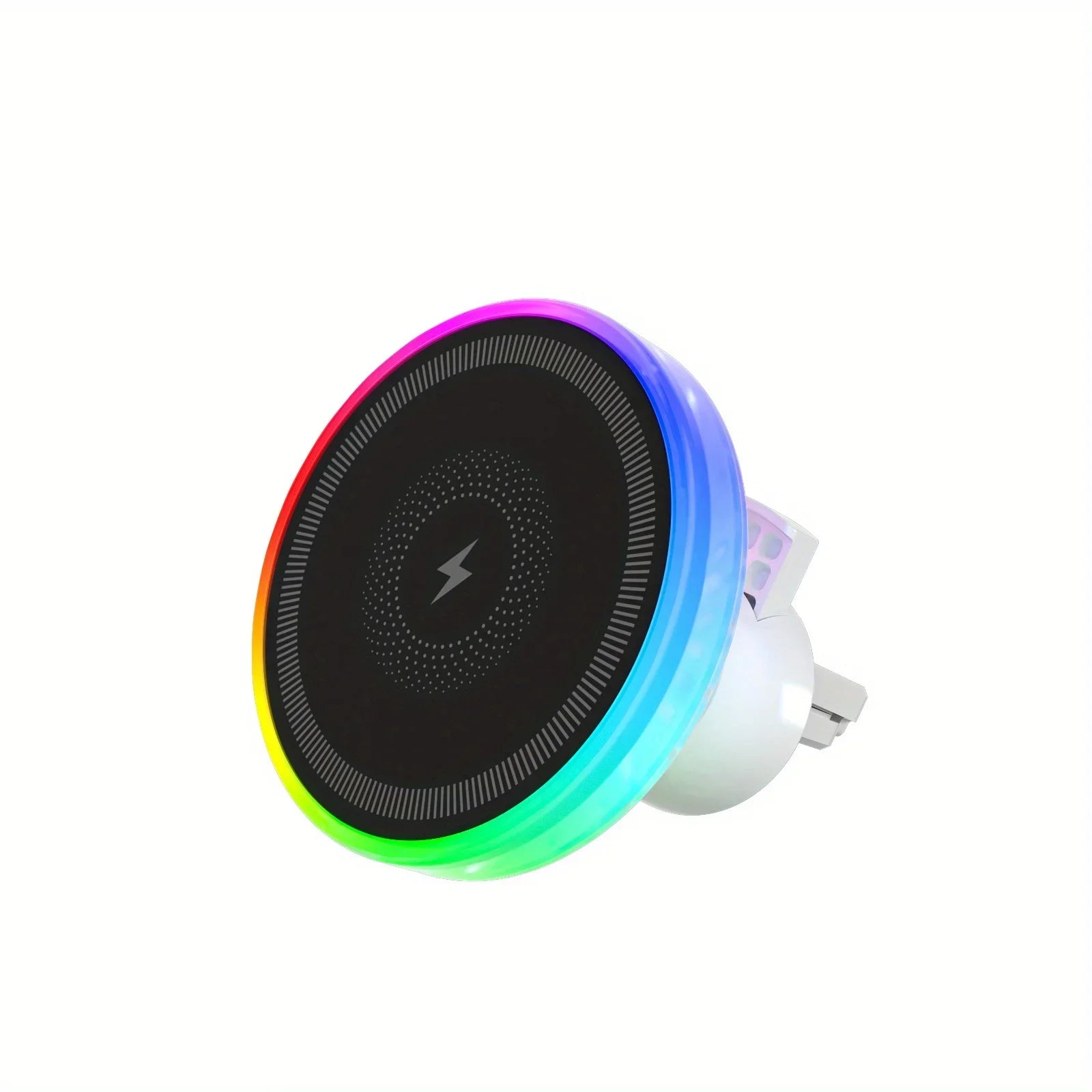 Round wireless car charger with a black surface, lightning icon, and a vibrant RGB LED light ring on a white mount.