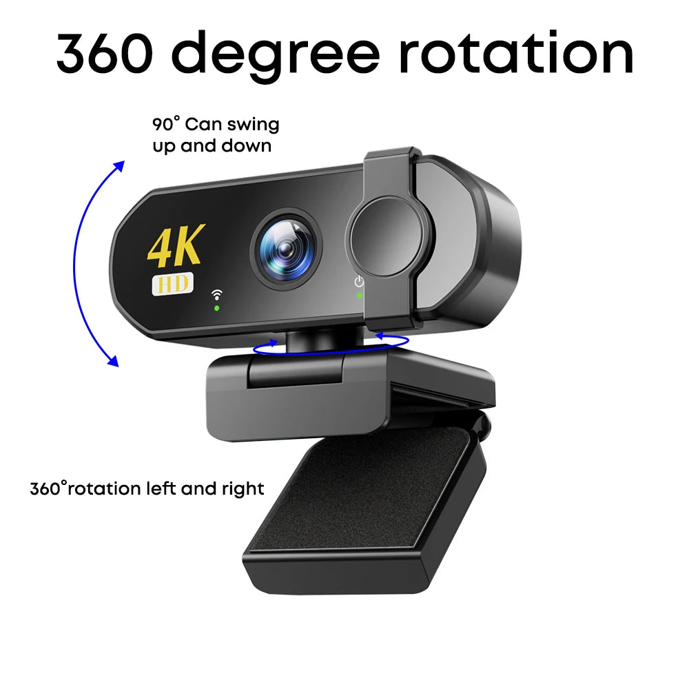 Black Full HD USB webcam with adjustable stand, 360-degree rotation, and integrated privacy cover.