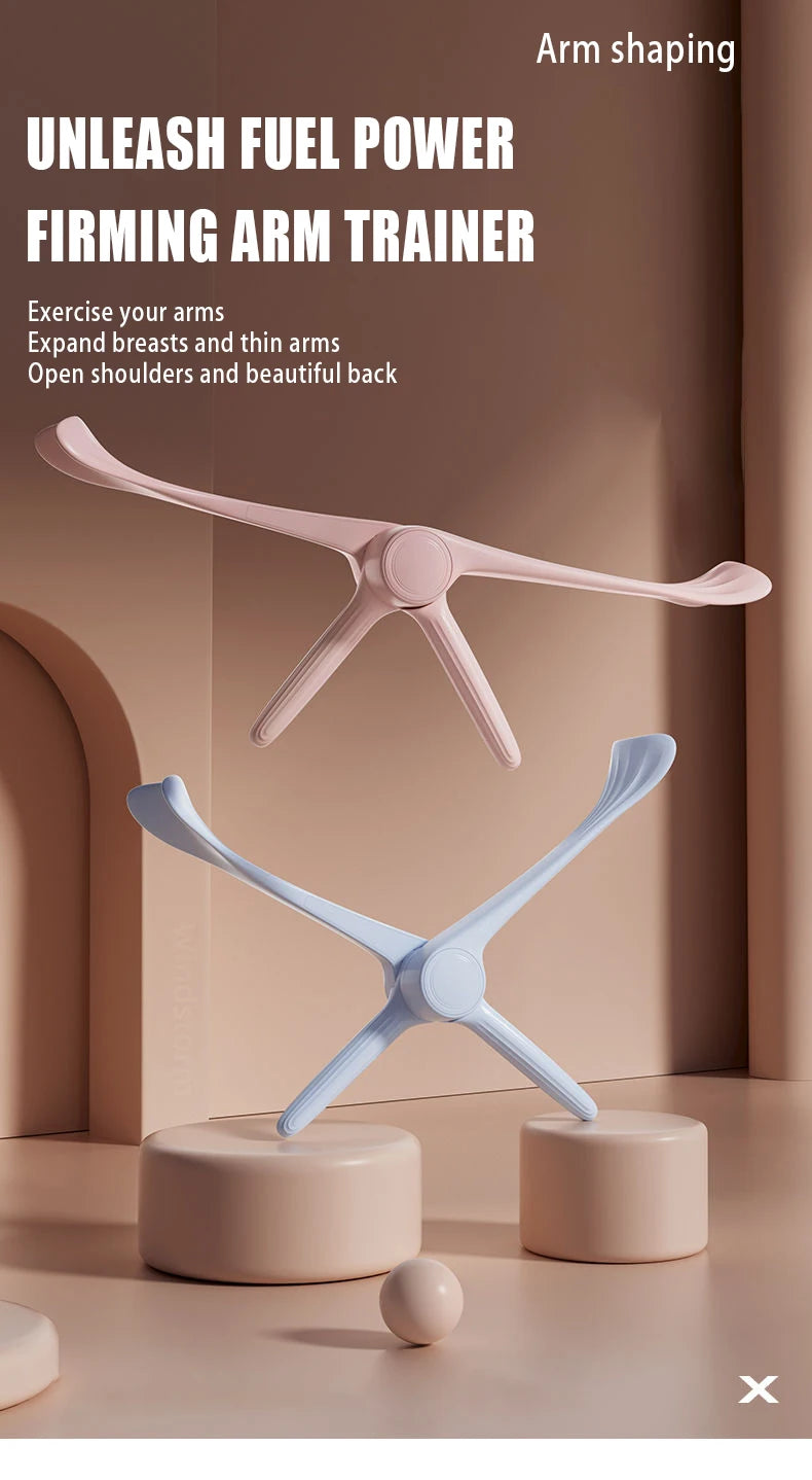 Two multifunctional arm trainers in pastel pink and blue, featuring a folding design for fitness and arm shaping.