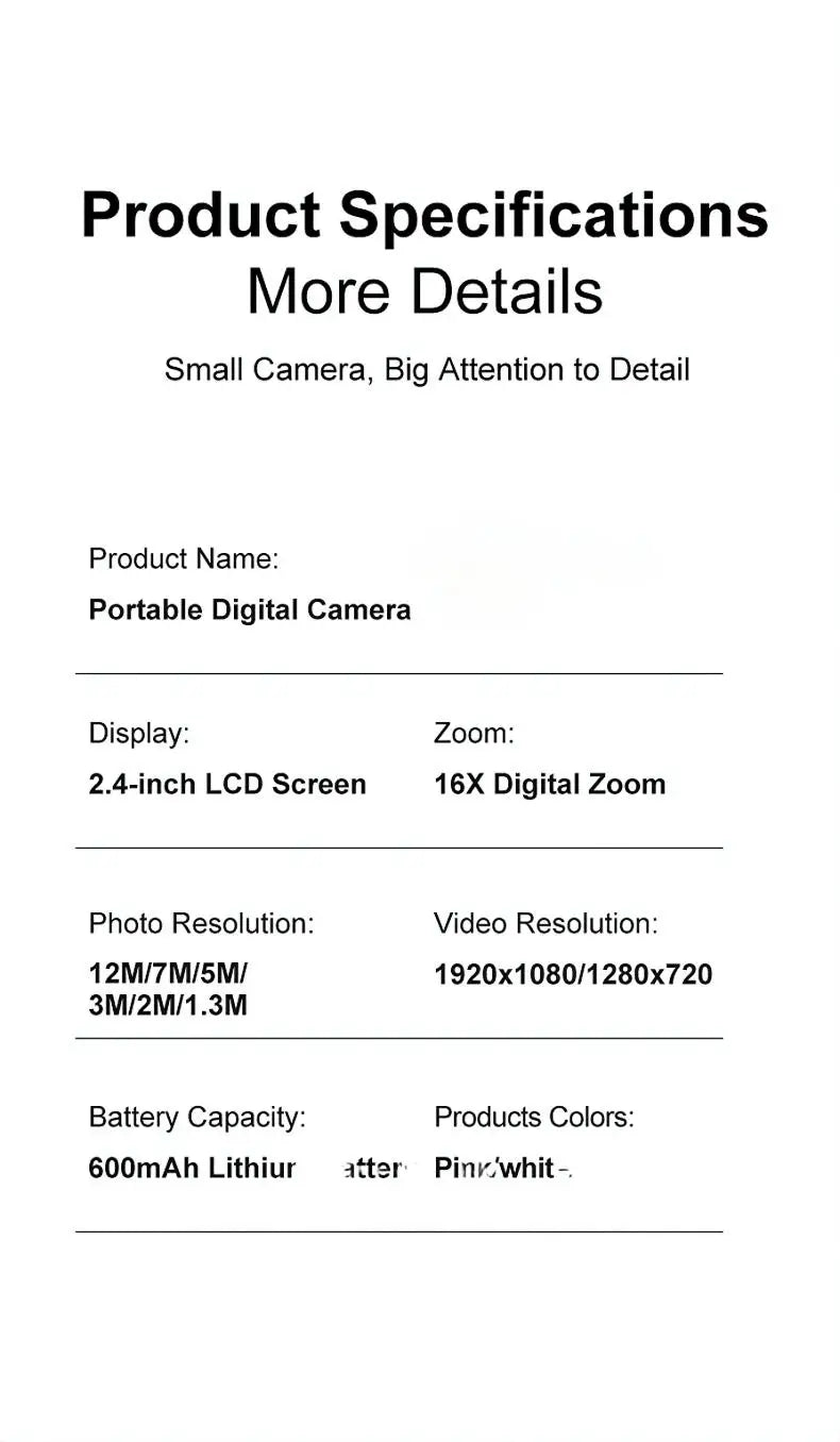 Text list of portable digital camera specifications: 2.4-inch screen, 16X zoom, 1080p video, in pink or white.
