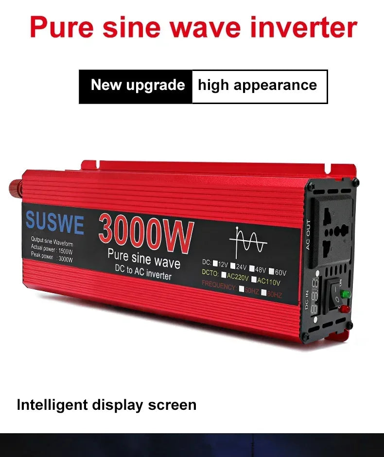 Red 3000W pure sine wave DC to AC car power inverter with a digital display screen and AC output socket.