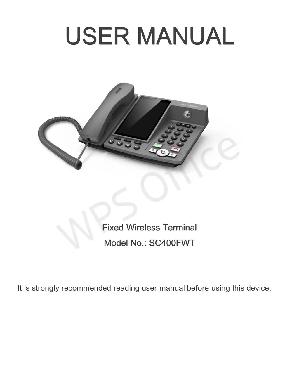 Grey fixed wireless desktop phone with handset, LCD display, and standard numeric keypad.