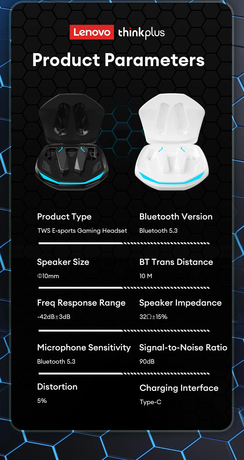 Black and white TWS gaming earbuds in sleek, geometric charging cases with glowing accents on a dark technical background.