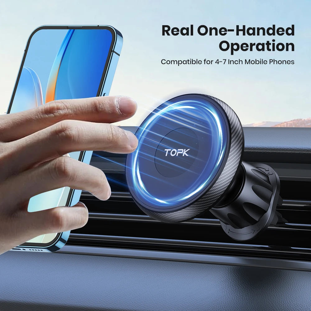 Magnetic car phone mount with a black, circular design attached to a car vent, shown with a smartphone.