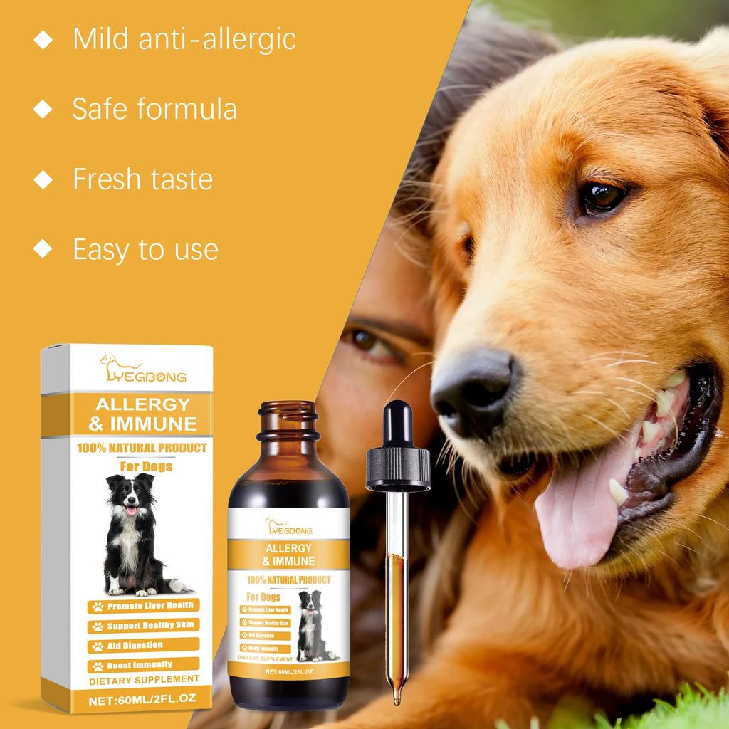 Allergy and immune supplement for dogs in an amber glass dropper bottle with its packaging box, next to a golden dog.