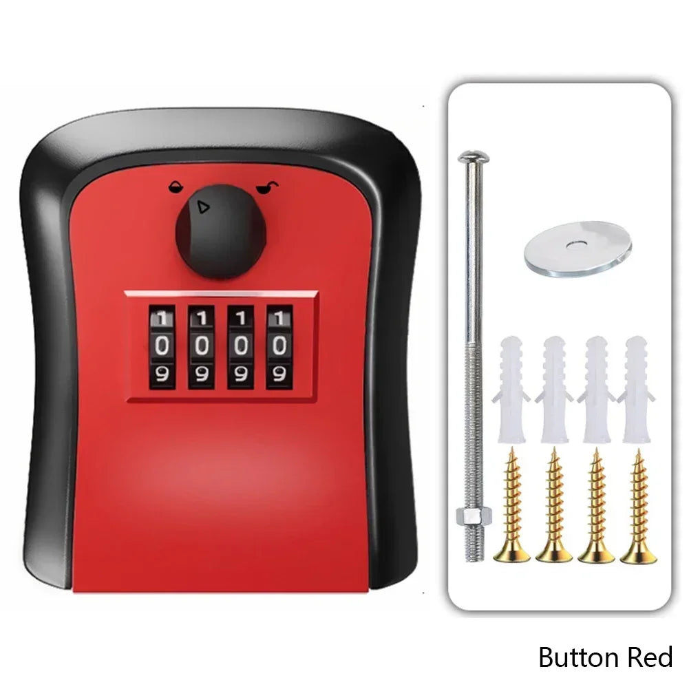 Red and black metal wall-mounted key lock box with 4-digit combination dial and mounting hardware kit.