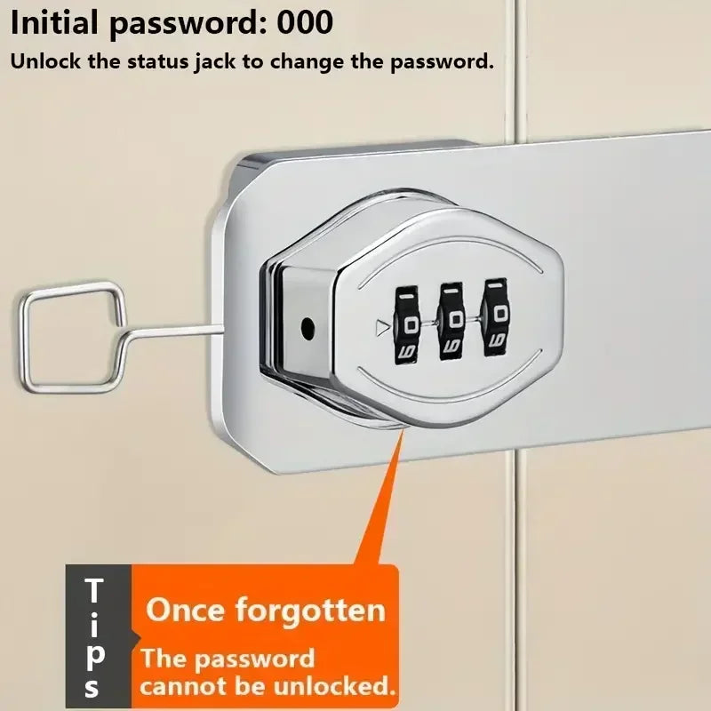 Silver metal combination cabinet lock with three black number dials and a small reset tool.