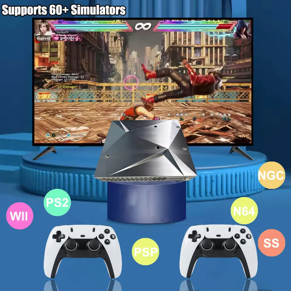 Silver P88 retro game console with faceted top, connected to a TV, shown with two white and black controllers.