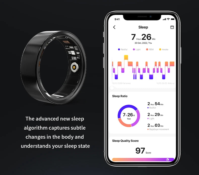 Sleek black waterproof health tracking ring alongside a smartphone app showing detailed sleep analysis and quality score.