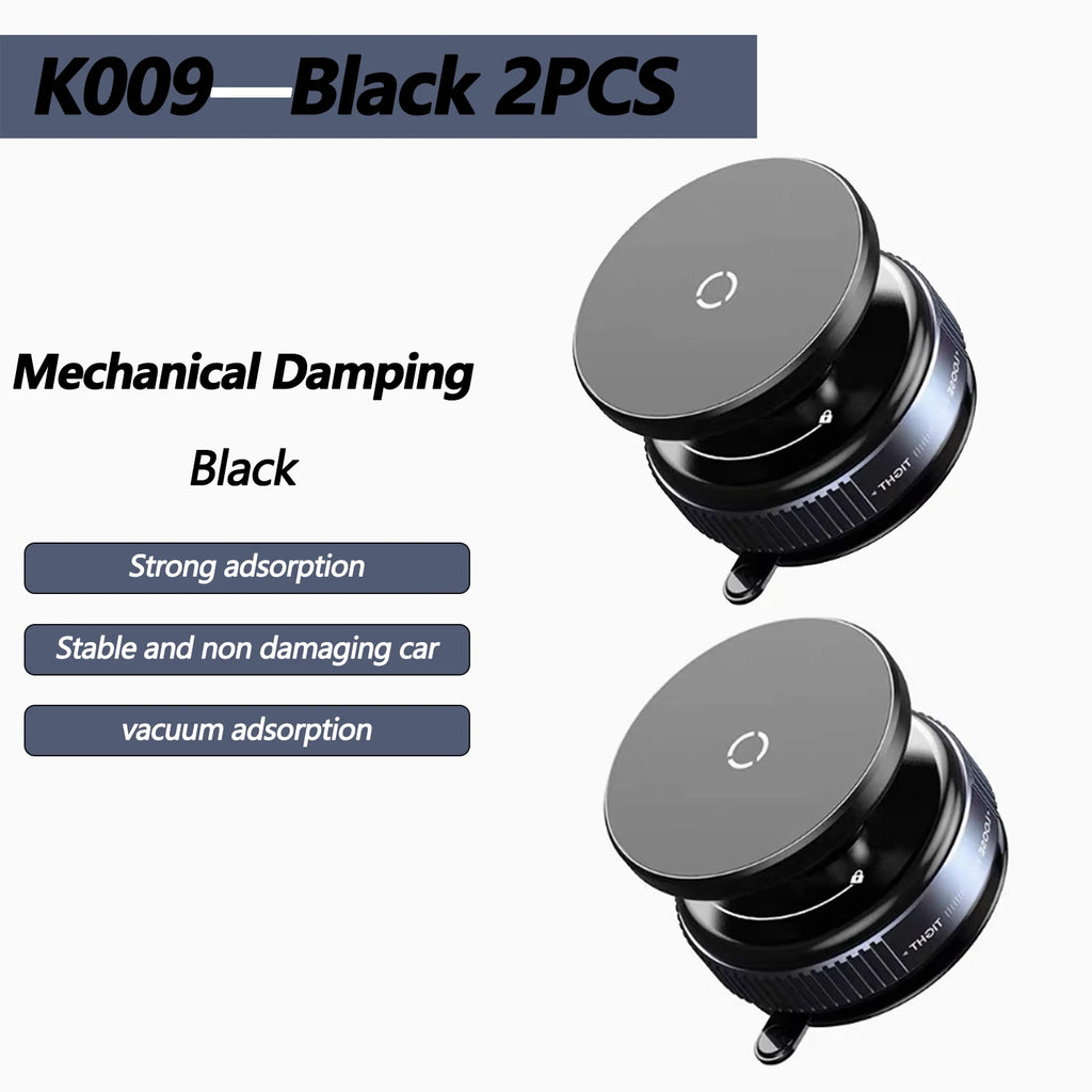Two black, circular mechanical damping vacuum suction mounts with a minimalist, industrial design.