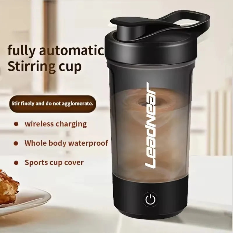Black automatic stirring cup with a transparent container, waterproof base, and sports lid.