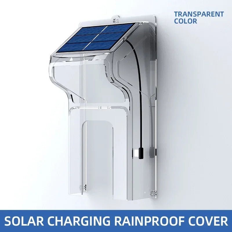 Transparent protective cover for a video doorbell, featuring an integrated blue solar panel for charging.
