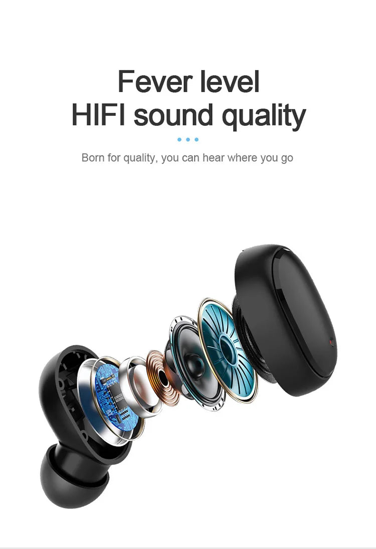 Black wireless earbud shown in an exploded view, highlighting internal speaker components and circuitry.