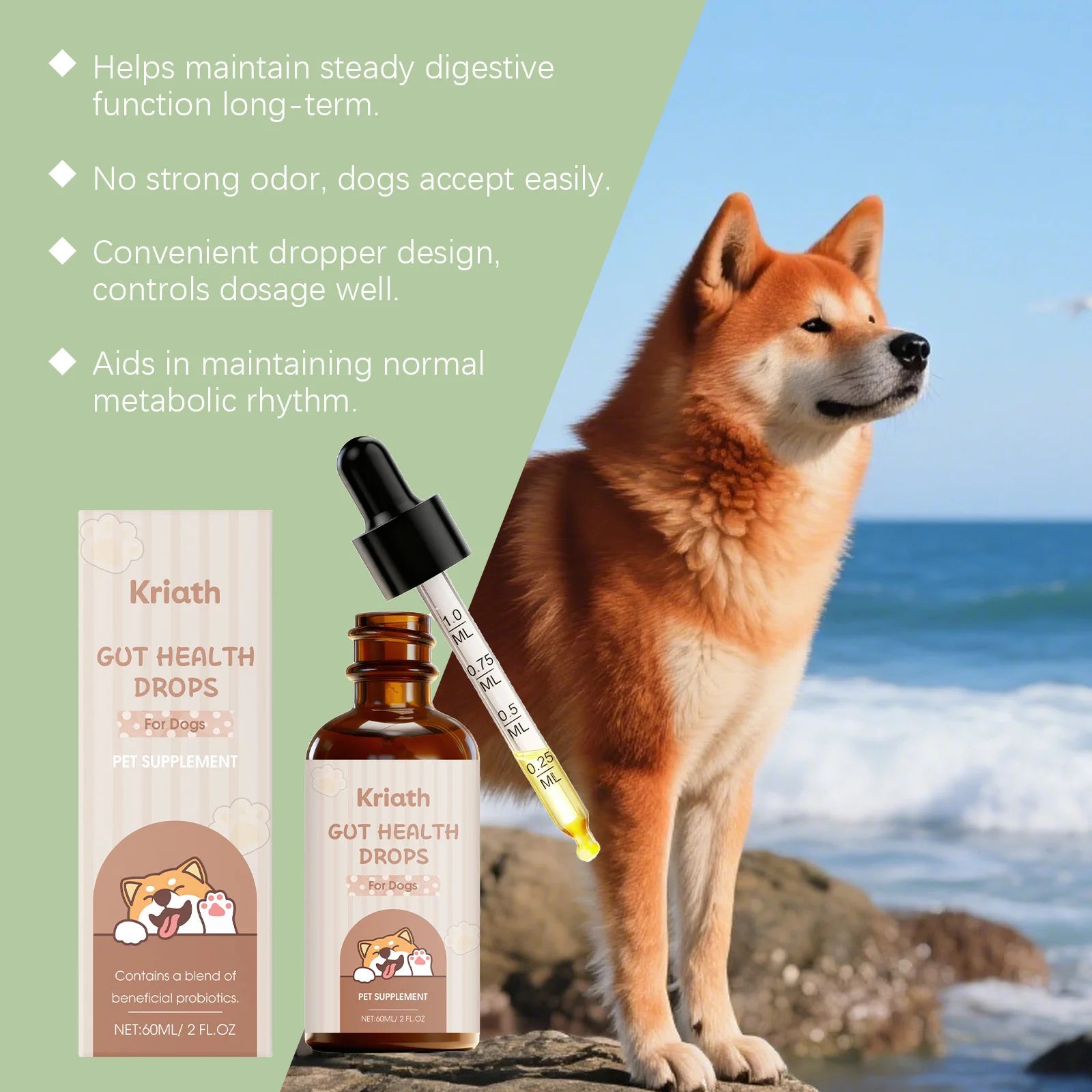 Gut health drops for dogs in a brown glass bottle with a dosage dropper, beside its beige packaging and a Shiba Inu.