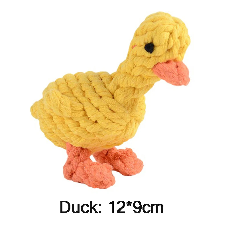 Yellow and orange duck-shaped dog chew toy made of durable braided cotton rope.